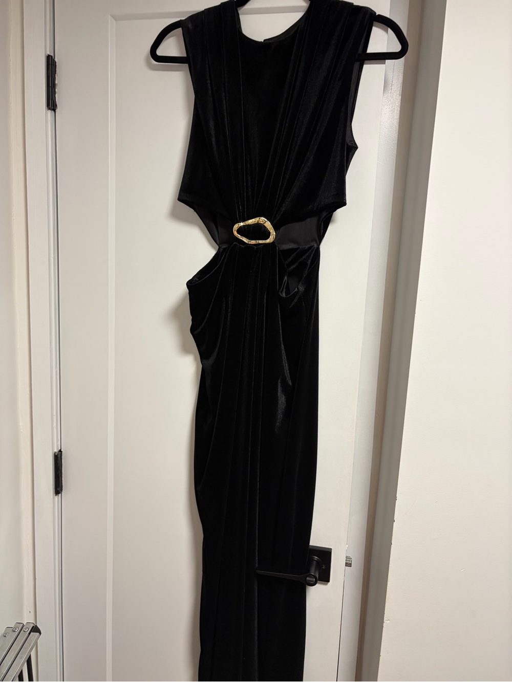 Zara Black Velvet Backless Evening Dress with Gold Buckle